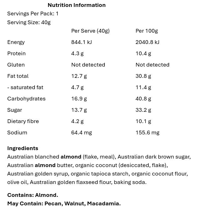 Australian blanched almond (flake, meal), Australian dark brown sugar, Australian almond butter, organic coconut (desiccated, flake), Australian golden syrup, organic tapioca starch, organic coconut flour, olive oil, Australian golden flaxseed flour,
baking soda.

Contains: Almond.
May Contain: Pecan, Walnut, Macadamia.