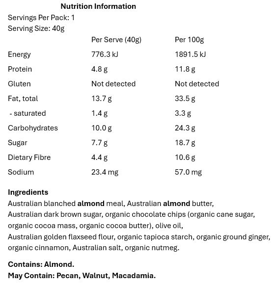 Australian blanched almond meal, Australian almond butter, Australian dark
brown sugar, water, organic chocolate chips (organic cane sugar, organic cocoa mass,
organic cocoa butter), olive oil, Australian golden flax flour, organic tapioca starch, ground
ginger, organic cinnamon, Australian salt, nutmeg.

Contains: Almond.
May Contain: Pecan, Walnut, Macadamia.