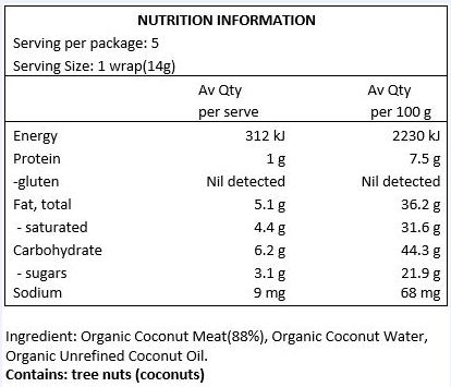 Ingredients: Organic coconut meat, organic coconut water, unrefined coconut oil