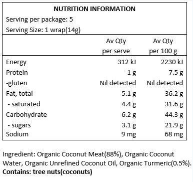 Organic coconut meat, organic coconut water, unrefined coconut oil and turmeric.