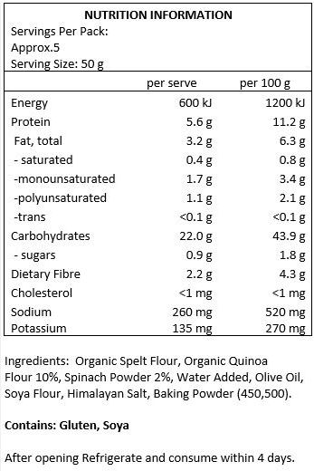 Organic spelt flour, 10% organic quinoa flour, 2% spinach powder, water added, olive oil, soya flour, Himalayan salt, baking powder (450, 500)
Contains: Gluten, Soya