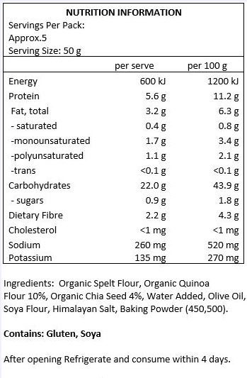 Organic spelt flour, 10% organic quinoa flour, 4% organic chia seed, water added, olive oil, soya flour, Himalayan salt, baking powder (450, 500)

Contains: Gluten, Soya
