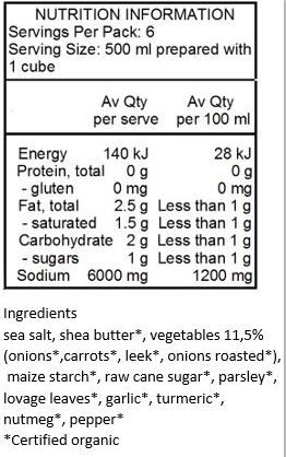 sea salt, shea butter*, vegetables 11,5% (onions*,carrots*, leek*, onions roasted*), maize starch*, raw cane sugar*, parsley*, lovage leaves*, garlic*, curcuma*, nutmeg*, pepper*
*Certified organic