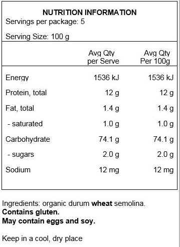 Organic durum wheat semolina. Do contain gluten & eggs.