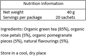Organic green tea (91%), natural flavouring (5%), organic pomegranate (3%), organic rose petals (1%)