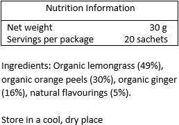 Organic lemongrass (49%), organic orange peel (24%), organic ginger (22%), natural lime flavour (2.5%), natural mandarin flavour (2.5%)
