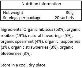 Organic hibiscus (63%), organic rooibos (19%), organic spearmint (4%), organic raspberries (3%), organic strawberries (3%), organic blueberries (3%),
natural strawberry flavour (3%), natural raspberry flavour (2%)