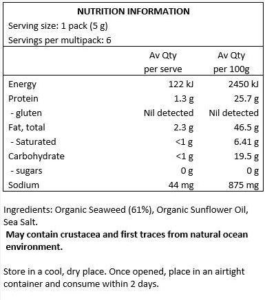 Organic Seaweed (61%) Organic Sunflower Oil, Sea Salt. May contain crustacea and fish traces from natural ocean environment.