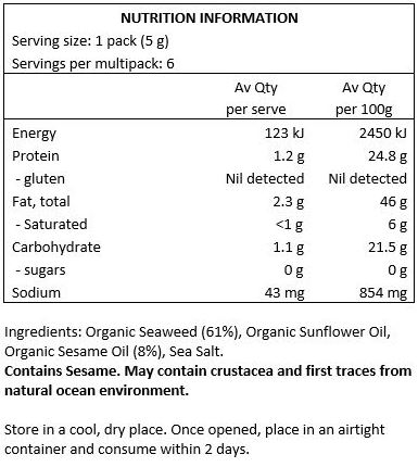 Organic Seaweed (61%), Organic Sunflower Oil, Organic Sesame Oil (8%), Sea Salt. May contain crustacea and fish traces from natural ocean environment.