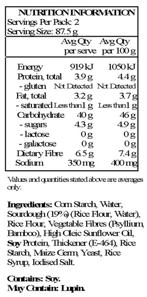 Maize starch, sourdough 28% (rice flour, water), water, rice syrup, apple fibre, rice starch, sunflower oil, soya protein, sugar, thickener: hydroxypropyl methyl cellulose; yeast, salt.