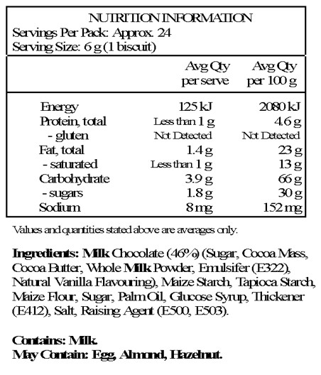 Milk Chocolate 46% (Cocoa 40% Min. - Sugar, Cocoa Mass, Cocoa Butter, Whole Milk Powder, Skimmed Milk Powder, Emulsifier: Soya Lecithin; Natural Flavouring), Maize Starch, Palm Fat, Sugar, Maize Flour, Soya Flour, Potato Starch, Whole Maize Starch, Acid: Citric Acid. May Contain Traces Of Lupin.