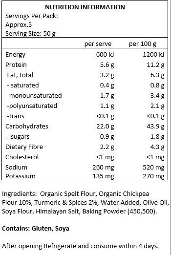 Organic Spelt Flour, 10% Organic Chickpea Flour, 2% Turmeric And Spices, Water Added, Olive Oil, Soya Flour, Himalayan Salt, Baking Powder (450,500)

Contains: Gluten, Soya