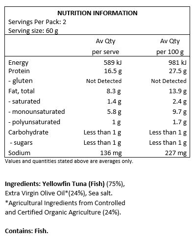 Yellowfin Tuna (Fish) (75%), Extra Virgin Olive Oil* (24%), Sea Salt.
* Agricultural Ingredients from Controlled and Certified Organic Agriculture (24%).

Contains: Fish.
