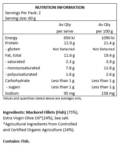 Sardines (Fish) (75%), Extra Virgin Olive Oil* (24%), Sea Salt.
* Agricultural Ingredients from Controlled and Certified Organic Agriculture (24%).

Contains: Fish.
