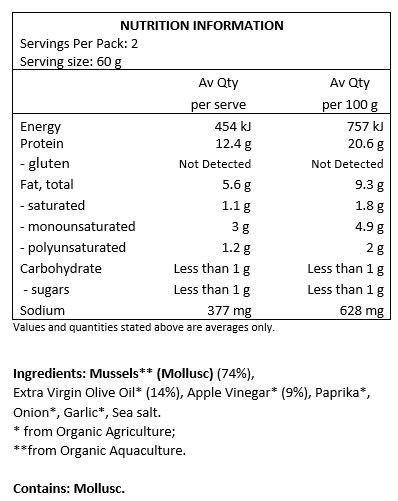 Mussels**(Mollusc) (74%), Extra Virgin Olive Oil* (14%), Apple Vinegar* (9%), Paprika*, Onion*, Garlic*, Sea Salt.
*from Organic Agriculture.
** from Organic Aquaculture.
Contains: Mollusc.