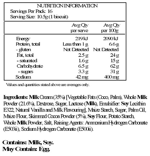 Milk cream (30%) (nonhydrogenated vegetable fat, whole milk powder (6.5%), dextrose, sugar, lactose, emulsifier: soy lecithin, natural flavor), maize starch, sugar, non-hydrogenated vegetable fat, maize flour, skimmed cocoa powder (5.2%), soy flour, potato starch, whole milk powder, salt, raising agents: ammonium and sodium hydrogen carbonate.