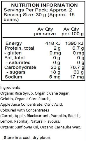 Organic Brown Rice Syrup, Organic Cane Sugar, Dextrose, Gelatine, Organic Tapioca Starch, White Grape Juice Concentrate, Citric Acid, Natural Flavours, Ascorbic Acid, Organic Sunflower Oil, Organic Carnauba Wax, Coloured with Concentrate (Carrot, Blueberry, Purple Carrot), Saffron (Colour), Annatto (Colour).