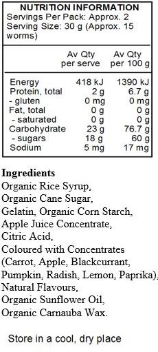 Organic Brown Rice Syrup, Organic Cane Sugar, Dextrose, Gelatine, Organic Tapioca Starch, White Grape Juice Concentrate, Citric Acid, Natural Flavours, Ascorbic Acid, Organic Sunflower Oil, Organic Carnauba Wax, Coloured with Concentrate (Carrot, Blueberry, Purple Carrot), Saffron (Colour), Annatto (Colour).