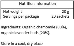 Organic chamomile (70%), organic lavender (30%)