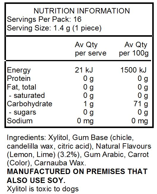 Xylitol, Gum Base (Chicle, Calcium Carbonate, Candelilla Wax, Dehydrated Citrus Peels), Natural Flavours (Lemon, Lime), Gum Arabic, Citric Acid, Resinous Glaze, Beeswax, Carnauba Wax, And Beta Carotene For Colour.