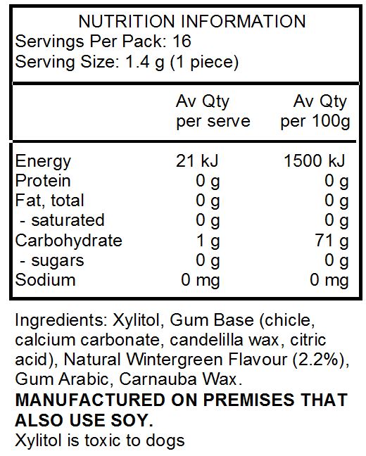 Xylitol, Gum Base (Chicle, Calcium Carbonate, Candelilla Wax, Dehydrated Citrus Peels), Natural Wintergreen Flavour, Gum Arabic, Resinous Glaze, Beeswax, And Carnauba Wax.