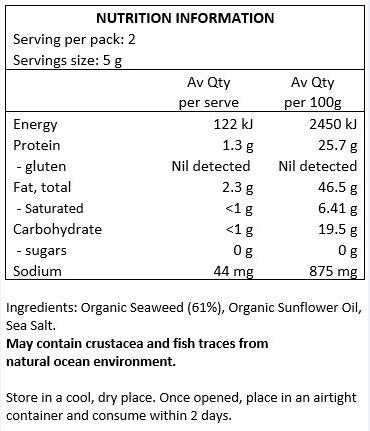 Organic Seaweed (61%) Organic Sunflower Oil, Sea Salt. May contain crustacea and fish traces from natural ocean environment.