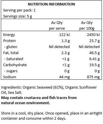 Organic Seaweed (61%) Organic Sunflower Oil, Sea Salt. May contain crustacea and fish traces from natural ocean environment.