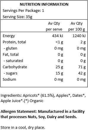 Apricots* (61.5%), Apples*, Dates*, Apple Juice*. *Organic