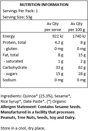 Quinoa* (25.3%), Sesame*, Rice Syrup*, Date Paste*. *Organic