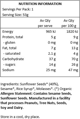 Sunflower Seeds* (40%), Sesame*, Rice Syrup*, Molasses*. *Organic