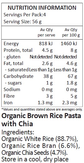 Organic White Rice (88.7%), Organic Rice Bran (6.6%), Organic Chia Seeds (4.7%)