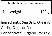 Sea Salt, organic garlic, silicon dioxide, organic parsley.