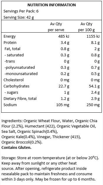 Organic Wheat Flour, Water, Organic Chia Flour, Gluten, Humectant (422), Spinach Powder, Kale Powder, Sea Salt, Broccoli, Xanthan Gum - Contains Gluten.