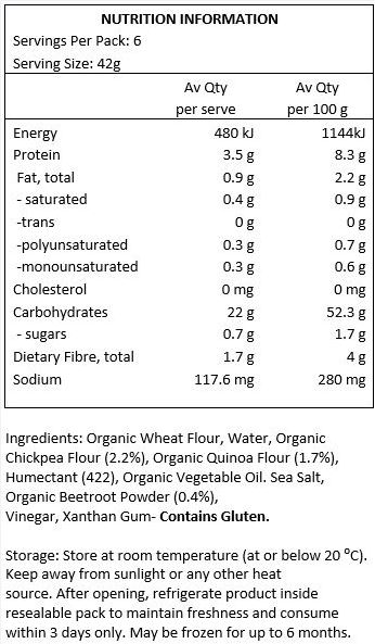 Organic Wheat Flour, Water, Organic Chickpea Flour, Organic Quinoa Flour, Gluten, Humectant (422), Beetroot Powder, Salt, Xanthan Gum - Contains Gluten.