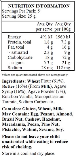 Wheat flour* 61%, butter* (milk product) 16%, agave sirup** 16%, agave powder** 7%, Bourbon vanilla**, baking agent: monopotassium tartrate, sodium bicarbonate 
*from biodynamic farming 
**from organic farming