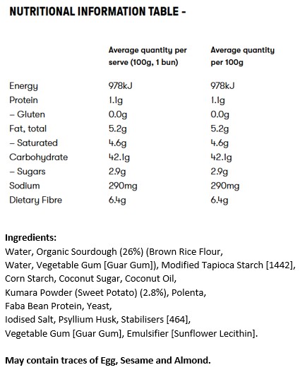 Organic Sourdough (29%) (Brown Rice Flour, Water, Vegetable Gum [Guar Gum]) , Modified Tapioca Starch [1442], Corn Starch, Coconut Sugar, Coconut Oil, Kumara Powder (Sweet Potato) (3.4%), Polenta, Yeast, Fibre [Flax Fibre, Psyllium Husk], Apple Cider Vinegar, Salt, Stabiliser [464], Vegetable Gum [Guar Gum], Emulsifier [Sunflower Lecithin].

May contain traces of egg, sesame seeds and tree nuts.