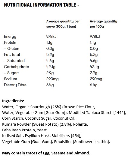 Water, Organic Sourdough (26%) (Brown Rice Flour, Water, Vegetable Gum [Guar Gum]), Modified Tapioca Starch [1442], Corn Starch, Coconut Sugar, Coconut Oil, Kumara Powder (Sweet Potato) (2.8%), Polenta, Faba Bean Protein, Yeast, Iodised Salt, Psyllium Husk, Stabilisers [464], Vegetable Gum [Guar Gum], Emulsifier [Sunflower Lecithin].
May contain traces of Egg, Sesame and Almond.

