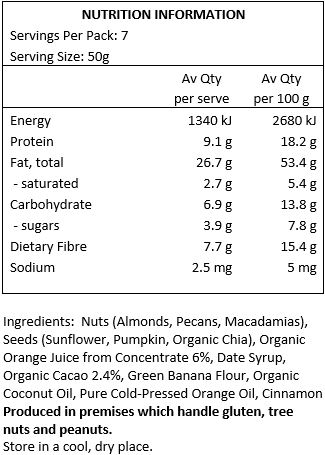 Nuts (Almonds, Pecans, Macadamias), Seeds (Sunflower, Pumpkin, Organic Chia), Organic Orange Juice from Concentrate (6%) , Date Syrup, Organic Cacao (2.4%), Green Banana Flour, Organic Coconut Oil, Pure Cold Pressed Orange Oil, Cinnamon.
Produced in premises which handle gluten, tree nuts and peanuts.