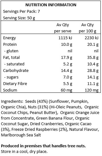 Hi-oleic Peanuts, Sunflower Seeds, Organic Coconut, Organic Orange Juice from Concentrate, Pumpkin Seeds, Peanut Butter (5%), Green Banana Flour, Organic Coconut Sugar, Freeze Dried Raspberries (4%), Dried Cranberries (Cranberries, Apple Juice, Sunflower Oil),
Organic Cacao (3%), Organic Chia Seeds, Natural Flavour, Marlborough Sea Salt.
Produced in premises which handle gluten, tree nuts and peanuts.