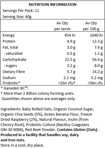Baby Rolled Oats, Organic Coconut Sugar, Organic Chia Seeds (5%), Green Banana Flour, Freeze Dried Raspberry (2%), Natural Flavour, Inulin (from Chicory Root), Natural Flavour, Probiotic Culture (Bacillus Coagulans GBI-30 6086), Red Beet Powder.
Contains Gluten (Oats).
Produced in a facility that handles soy, dairy and tree nuts.