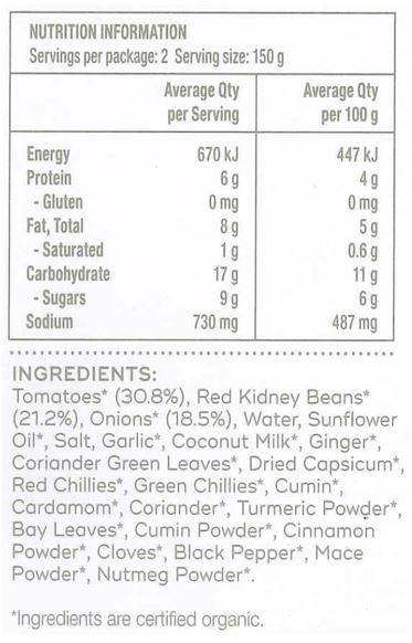 Water, Tomato* (31%), Kidney Beans* (21%), Onion* (19%), Sunflower Oil*, Salt*, Garlic*, Coconut Milk*, Ginger*, Coriander Leaves*, Chillies*, Red Chilli Powder*, Green Chillies*, Cumin*, Cardamom*, Coriander Seeds*, Turmeric*, Bay Leaf*, Cumin*, Cinnamon*, Cloves*, Black Pepper*, Mace*, Nutmeg*.
*Organic. May contain traces of nuts and/or seeds.