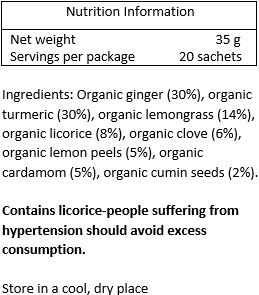 Organic ginger (30%), organic turmeric (30%), organic lemongrass (14%), organic licorice (7%), organic cloves (6%), organic lemon peels (4%), organic cardamom (4%), organic black pepper (3%), organic cumin seeds (2%)