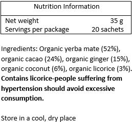 Organic yerba mate (52%), organic cacao (24%), organic ginger (15%), organic coconut (6%), organic licorice (3%)