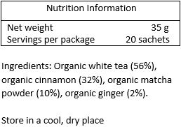 Organic white tea (56%), organic cinnamon (32%), organic matcha powder (10%), organic ginger (2%).