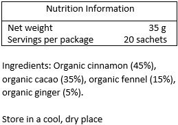 Organic cinnamon (45%), organic cocoa (35%), organic fennel (15%), organic ginger (5%)