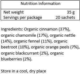 Organic cinnamon (39%), organic chamomile (19%), organic fennel (13%), organic beetroot (12%), organic orange peels (7%), organic nettle (6%), organic blackcurrant (2%), oranic bluberries (2%)