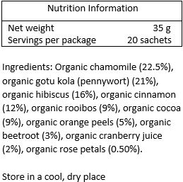 Organic chamomile (22.5%), organic gotu kola (pennywort) (21%), organic hibiscus (16%), organic cinnamon (12%), organic rooibos (9%), organic cocoa (9%), organic orange peels (5%), organic beetroot (3%), organic cranberry juice (2%), organic rose petals (0.50%)