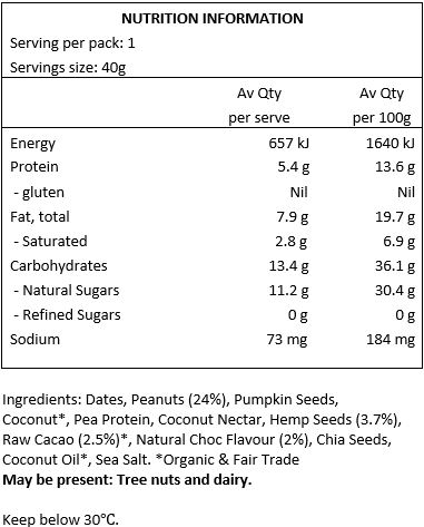 Dates, Peanuts (30%), Pumpkin Seeds, Pea Protein (7%), Organic Coconut, Raw Cacao (4%), Hemp Seeds (4%) , Coconut Nectar, Coconut Oil, Sea Salt, Natural Choc Flavour (1%).
