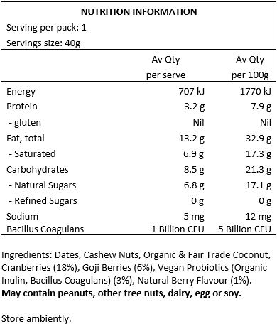 Dates, Cashews, Organic Coconut, Cranberries (18%), Goji Berries (6%), Vegan Probiotics (Organic Inulin, Bacillus Coagulans) (3%), Natural Berry Flavour (2%).