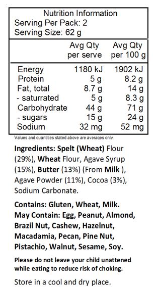 Spelt (Wheat) Flour (29%), Wheat Flour, Agave Syrup  (15%), Butter (13%) (From Milk ), Agave Powder (11%), Cocoa (3%), Sodium Carbonate. 

Contains: Gluten, Wheat, Milk.
May Contain: Egg, Peanut, Almond, Brazil Nut, Cashew, Hazelnut, Macadamia, Pecan, Pine Nut, Pistachio, Walnut, Sesame, Soy.